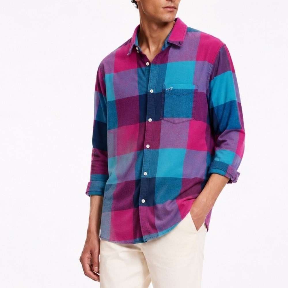 Hollister Mens Preppy Epic Flex Plaid Button Down Shirt Pink Teal Purple Medium‎